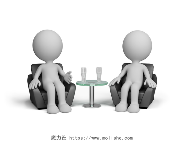 白色背景上坐在椅子上说话的两个3D男人聊聊天